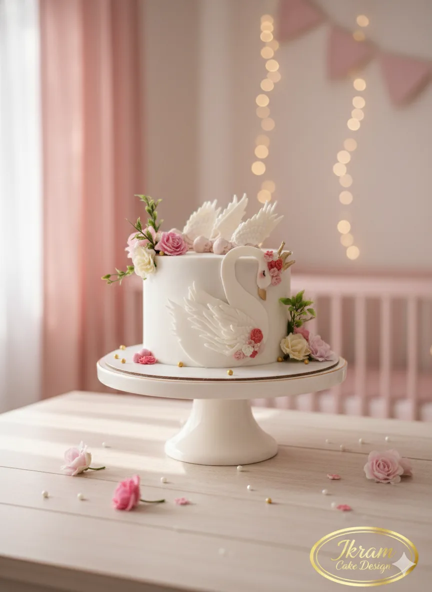 Gâteau mariage cygne blanc fleurs