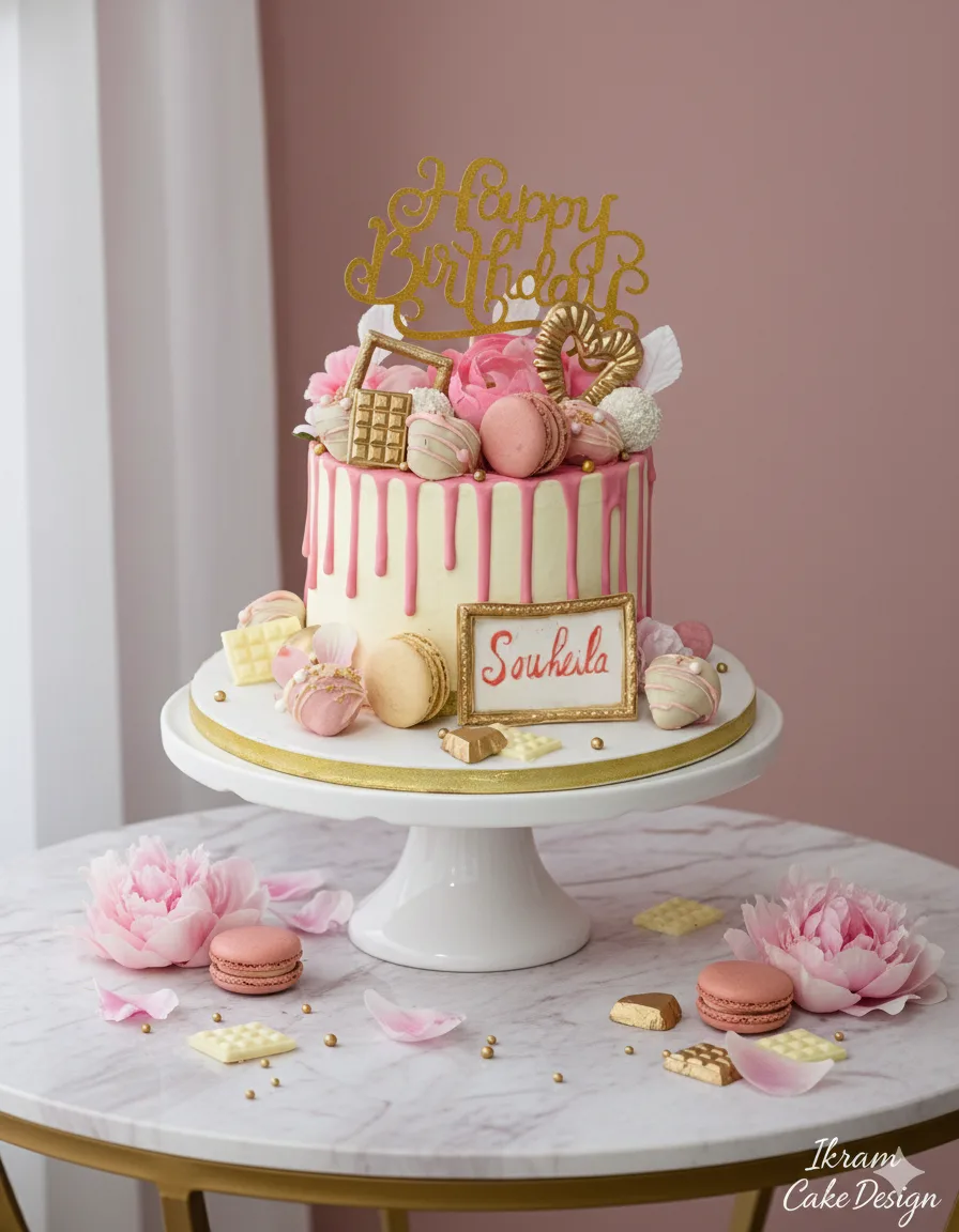 Drip cake rose macarons anniversaire